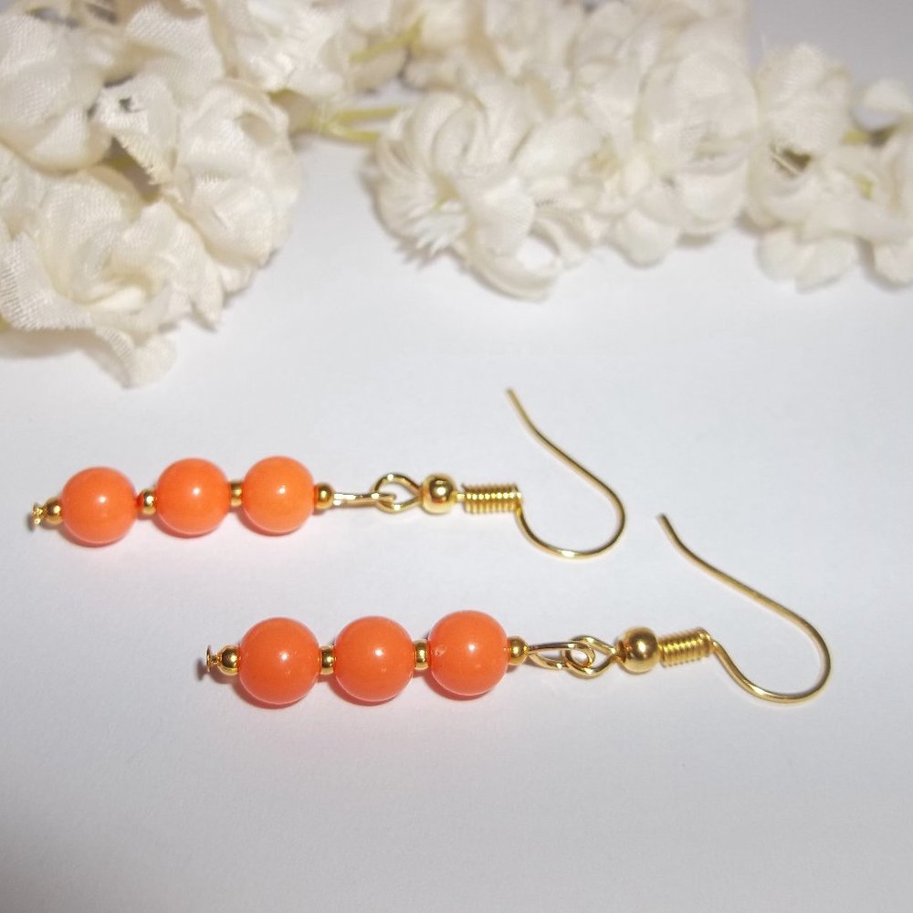Neon Orange and Gold Earrings Fashion Jewelry Dangle Beaded Handmade Sleek 6772 - Picture 4 of 8